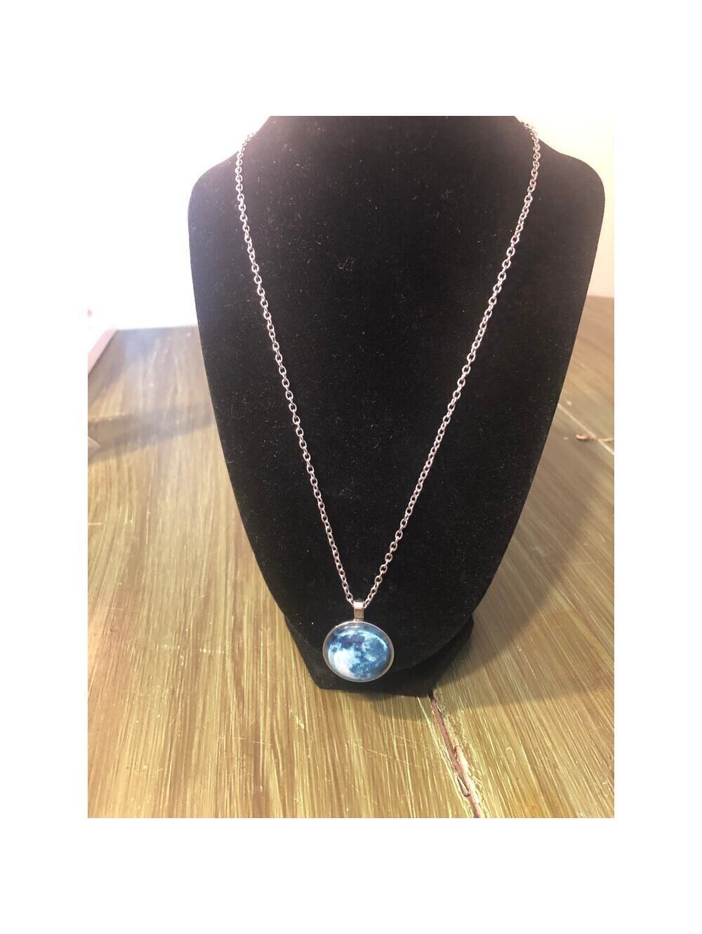 Silver Tone Glow in the Dark Blue Moon Pendant Necklace